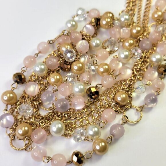 Multistrand Gold and Pink Beads Long Necklace - Picture 4 of 8